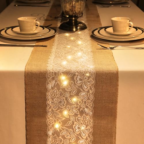 Xinnun 6 Pack Burlap Table Runner with LED String Lights, Modern Rustic Lace Natural Vintage Boho Jute Wedding Table Decor for Farmhouse Thanksgiving Christmas(Classic Style,12x108 Inches) by Xinnun - Image 3