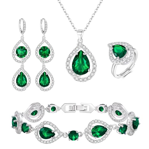 EVER FAITH 4 Stück Schmuck Set für Damen Teardrop Cubic Zirkonia Anhänger Halskette Ohrringe Tennis Armband und Offene Ring Sets für Party Hochzeit Grün Silber-Ton
