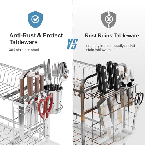 iSPECLE Dish Drying Rack for Kitchen Counter - 304 Stainless Steel 2 Tier Dish Rack with Automatic Drainage, Dish Drainer with Drainboard, Stainless Steel Utensil Holder, Cutting Board Holder, Silver