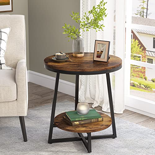 Tribesigns End Table, 2 Tier Round Side Table with Storage Shelf, Industrial Nightstand Bedside Table Coffee Accent Table for Living Room Bedroom Small Space, Rustic Brown (1) by Tribesigns - Used condition - CA$100.69