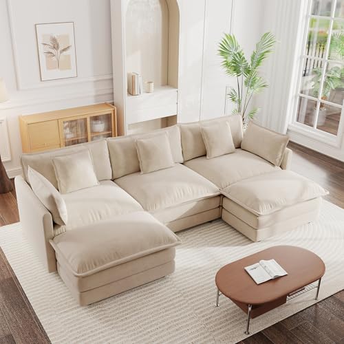 Image of mikibama Modular Sectional Sofa, 111.5 Inch U Shaped Couch Set for Living Room, 3-Seater Comfy Cloud Couches with Movable Ottoman, DIY Combination, Chenille, Light Coffee