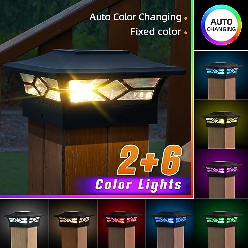 APONUO Solar Post Cap Lights Halloween Decor Outdoor Lights,RGB Color Changing 2+6 Modes Fixed Colors 4x4 for Fence Deck Caps 6x6 Wood&4X4 Vinyl,Black,8 Pack (TZ13-RGB-B8)