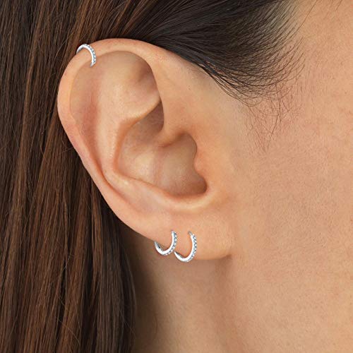 925 Sterling Silver Post Small Hoop Earrings Cubic Zirconia Huggie Hoop Earrings,3 Pairs 14K White Gold Plated Cartilage Piercing Earrings Ear Cuff Tiny Hoop Earrings For Women Men 8Mm 10Mm 12Mm #TOP2