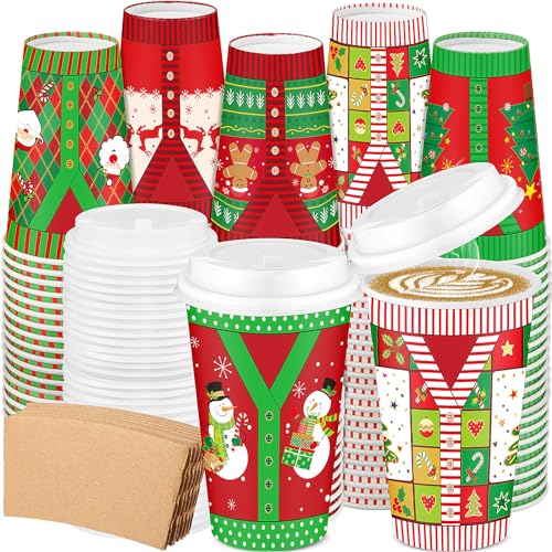 Maxcheck Paquete de 90 tazas de café desechables de Navidad de 16 onzas con tapas y mangas, papel de vacaciones, chocolate caliente, cacao para fiestas de suéteres feos (Maxcheck-Cups-44)