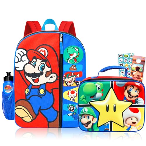 Super Mario Mochila com conjunto de lancheira – Pacote com mochila escolar de 40,6 cm, lancheira, adesivos, garrafa de água, mais | Mochila escolar Super Mario Bros para meninos