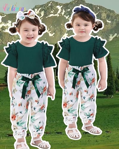 veikimous 12-18 Month Girl Clothes Baby Girl Fall Winter Green Outfits Infant Pants Set Clothing with Headband - Thumbnail 3