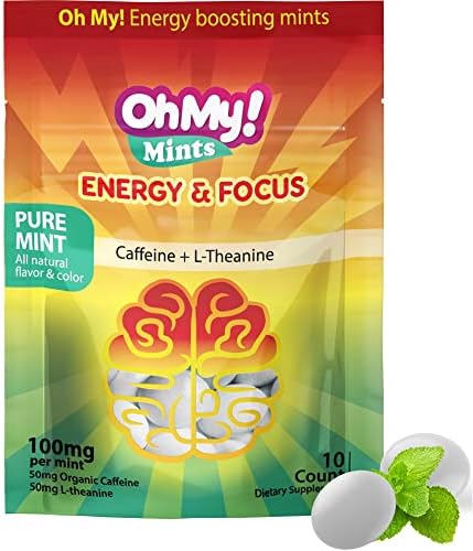 Oh My! Mints Organic Caffeine + L-Theanine Mints for Energy & Focus - 4 Packs | 50mg Caffeine and 50mg L-Theanine Per Mint - Low Sugar, Gluten Free, Non-GMO, Vegan (40 Mints)