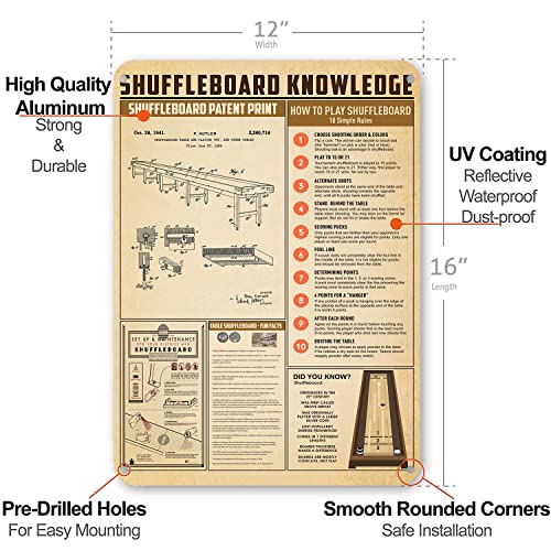NEGLAI Shuffleboard Knowledge Metal Signs Poster, Vintage Wall Decor Farmhouse Decorations 16x12 Inches