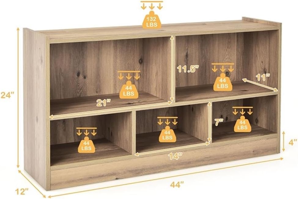 Pemberly Row Kids 2-Shelf Wood Bookcase, Natural Finish, 5-Cube Design, 44 x 12 x 24 in, Durable Storage Solution, Raised Edges, Playroom or Bedroom Organization