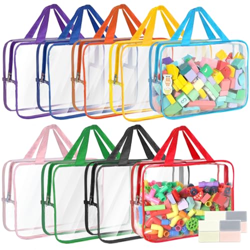 9 Packs Toy Storage Bags with Labels 11.8x8.7x3.9In Large PVC Reusable Clear Board Game Storage with Zipper Travel Waterproof Organizer Bags for Building Blocks Puzzle Books Stationery