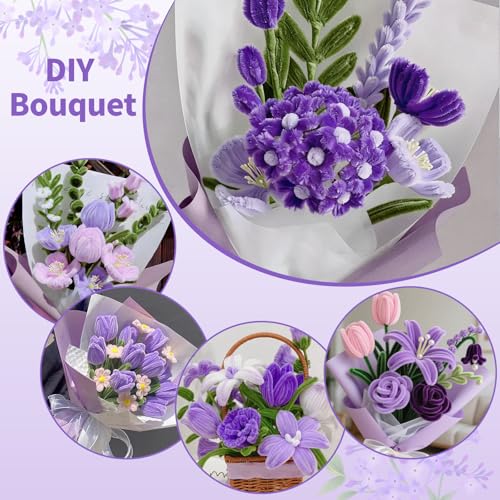 Pfeifenreiniger Blumen Set, 300 Stück Pfeifenputzer zum Basteln, Pfeifenreiniger zum Basteln, mit Grüne Bastelfaden, Klebeband, Geschenkpapier für Blumenstrauß DIY, Violett