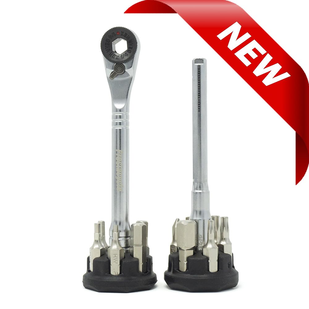 Prestacycle Pro T-Handle Ratchet Kit with (12) S2 Bits and (2) Round Bit Holders – Compact Desktop/Benchtop 3-Way Ratchet Tool, Reversible Thumb-Wheel, 60Nm Heavy-Duty Torque