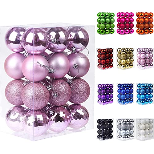 Emopeak 24Pcs Christmas Balls Ornaments for Xmas Christmas Tree - 4 Style Shatterproof Christmas Tree Decorations Hanging Ball for Holiday Wedding Party Decoration (Pink, 1.6"/4.2CM)