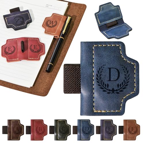 Personalized Magnetic Leather Bookmark with Pen Holder, 26 Letters Magnetic Leather Book Mark, for Readers, Travelers, Teachers, Book Lovers Gifts, Notebook Accessories (Blue, D)
