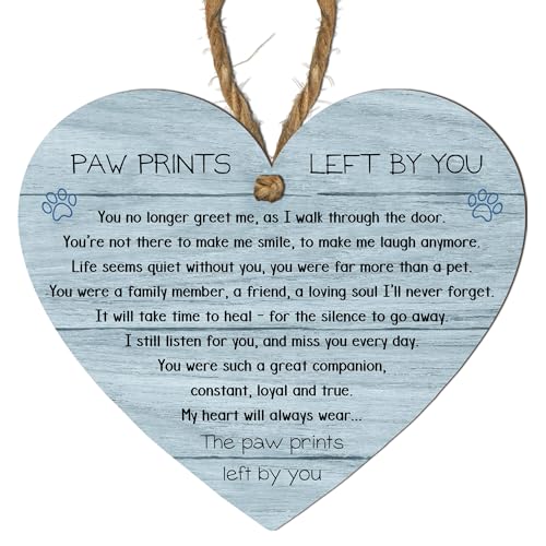 Paw Prints Left by You Memorial Heart Plaque with Inspirational Quote – Pet Remembrance – Hanging Plaque for Home Decor – Dog Cat Loss Sympathy Gift (Mdf Wood Indoor Use Only 10cm x 9cm, Blue)