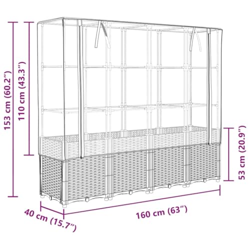 vidaXL Hochbeet mit Gewächshaus-Aufsatz, Pflanzbeet mit Eisenrohr-Rahmen, Gemüsebeet für Garten Terrasse Balkon, Pflanzkasten Frühbeet, Rattan-Optik – Bild 4