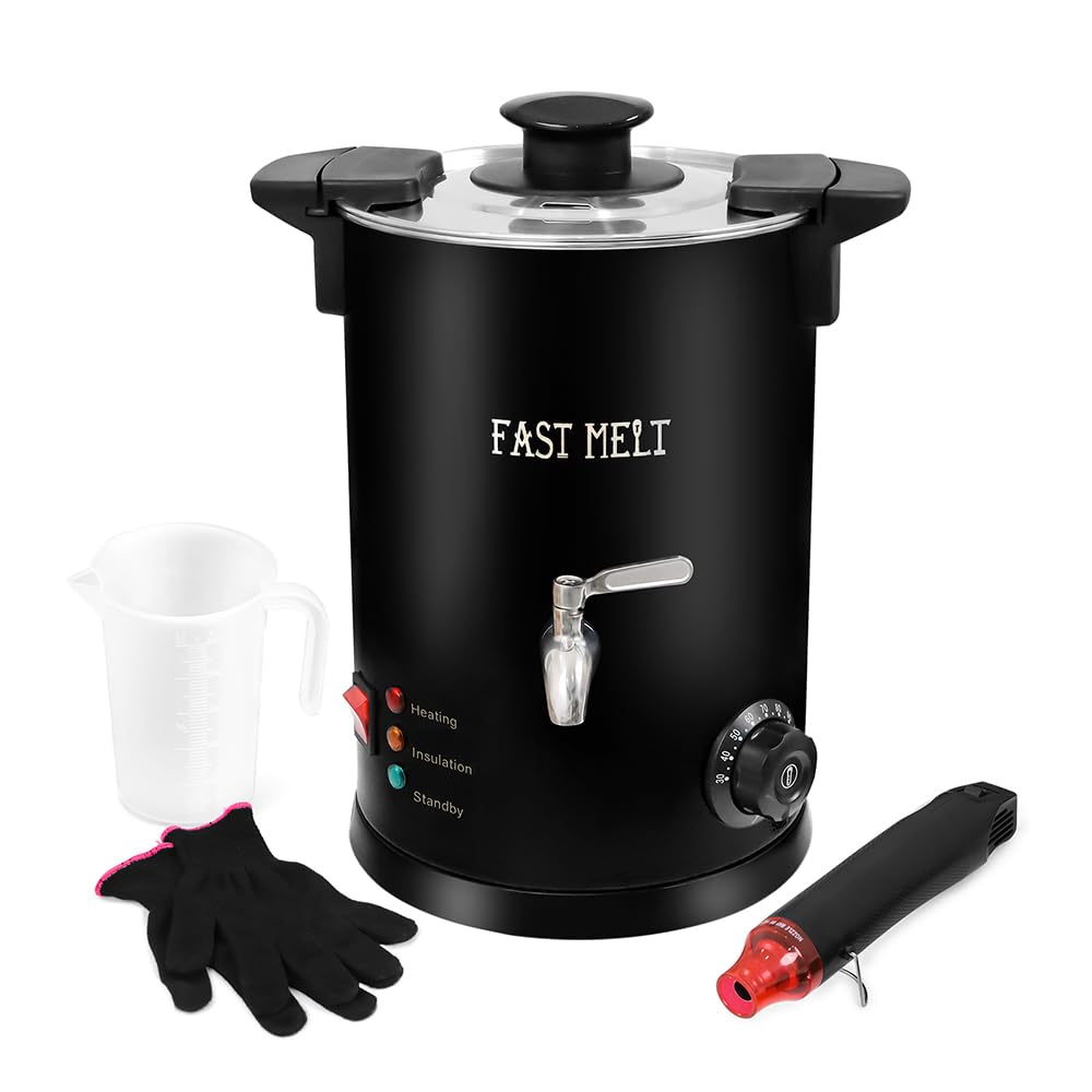 FAST MELT 5 Liter Wax Melter for Candle Making, Electric Wax Melting Pot with Easy Pour Spout & 30-110C Temp Control, Easy Clean for Home Candle Business Starter (Heat Gun + Gloves + Measuring Cup)