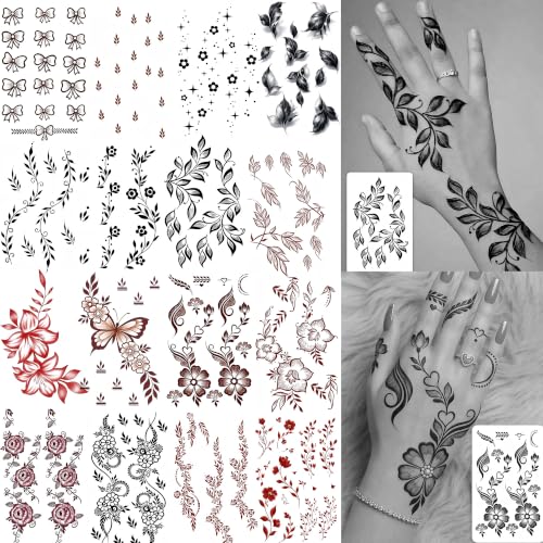 Image of Bilizar 16 Sheets Chic Flower Leaf Temporary Tattoos For Women Finger Hand Tattoo Sticker Body Art Decals, Realistic Floral Vine Leaves Fake Tattoos Waterproof Butterfly Plum Temp Tatoos Long Lasting