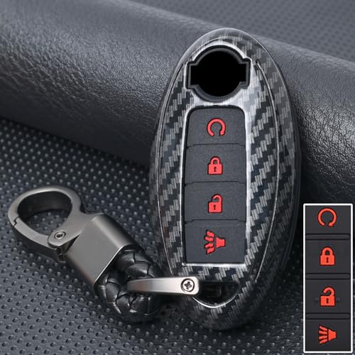 for Nissan Key Fob Cover with Key Chian 4 Button for Nissan 370Z Altima Maxima Murano Pathfinder Rogue Sentra Versa Titan GT-R Leaf Case Fob Shell Cover for Nissan Black