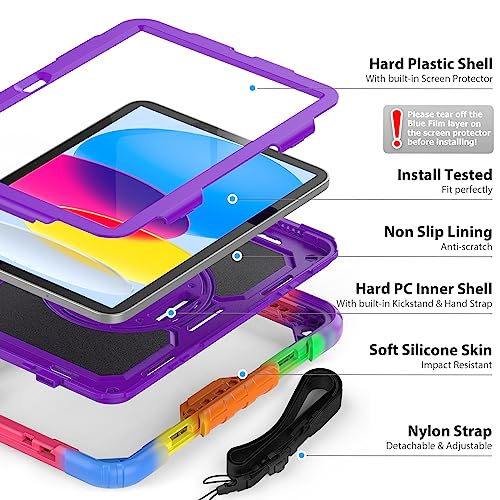 SIBEITU for iPad A16 11th/ 10th Generation Case Purple for Artists 10.9 Inch 2025/2022 with Screen Protector & Pencil Holder, Cute iPad 10 Rugged Shockproof Protective Case with Stand & Strap