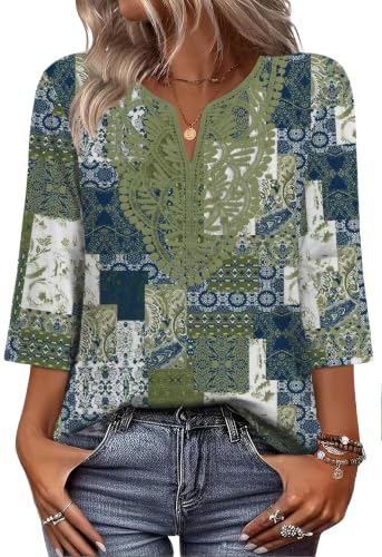 Image of WIHOLL 3 /4 Length Sleeve Womens Tops Boho V Neck Lace Shirt Trendy Blouses Dressy Casual Vacation Clothes S-3XL