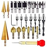 Holzbearbeitung Bohrwerkzeuge, Senker Bohrer Set 6 Senkbohrer + 7 Dreispitzbohrer mit L-Schraubenschlüssel + 8 Holzdübelfräser + 3 Stufenbohrer, Set für Holz DIY Bohrlöcher