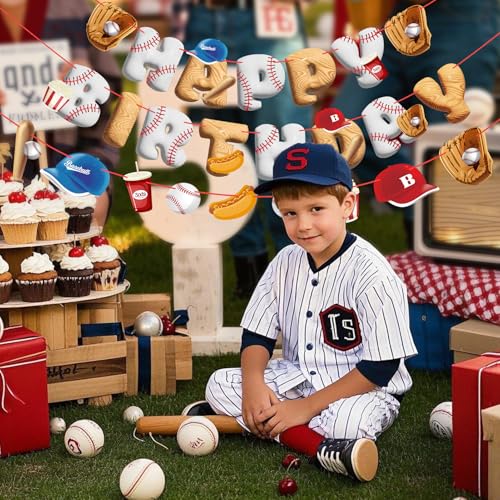 Image of Pre-Strung Baseball Birthday Decorations, Baseball Happy Birthday Banners, Pre-Assembled Sports Banners Decorations