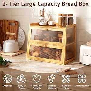 Bread Box for Kitchen Countertop, Double Layer Bamboo Bread Box for Kitchen Counter, Bread Storage Container with Acrylic Wavy Door Panel, 2 Layer Breadbox Holder, Natural Bread Box for Kitchen Countertop Double Layer Bamboo Bread Box for Kitchen Counter Bread Storage Container with Acrylic Wavy Door Panel 2 Layer Breadbox Holder Natural