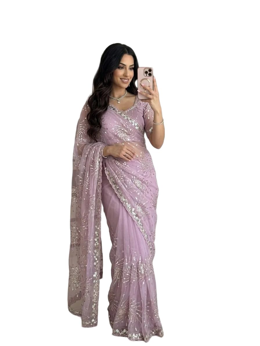 Womens Butterfly Soft Net Saree with Multi Sequins Thread Embroidery and Heavy Embroidered Unstitched Blouse Traditional Ethnic Wear-image-26