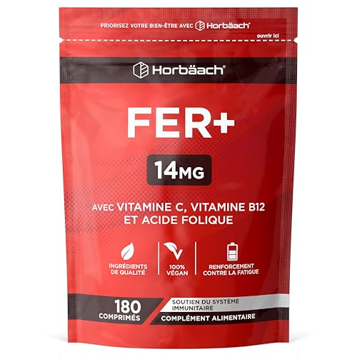 Fer Complément Alimentaire avec Acide Folique Vitamine B12 et Vitamine C | 14mg | 180 Gelules Vegan | Iron Supplement Tablets | Complement Alimentaire Système Immunitaire | par Horbaach