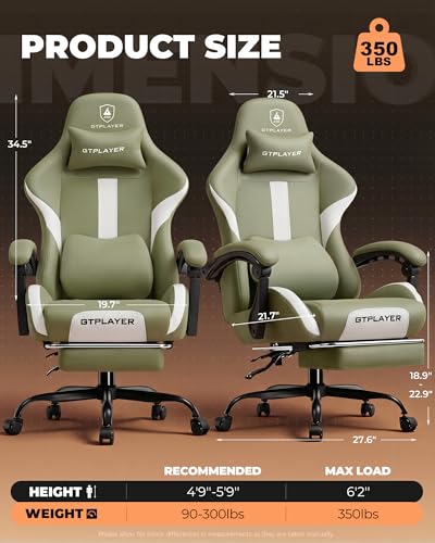 Image of GTPLAYER Gaming Chair with Foot Rest & Pocket Spring Cushion, Ergonomic High Back Computer Desk Chair with Headrest & Lumbar Support for Back Pain Relief, Breathable Fabric, Green
