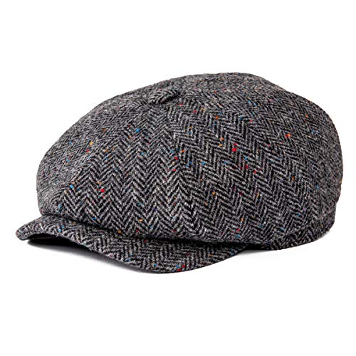 BOTVELA Men's 8 Piece Wool Blend Newsboy Flat Cap Herringbone Tweed (Flecked Grey, 7 3/4-7 7/8)