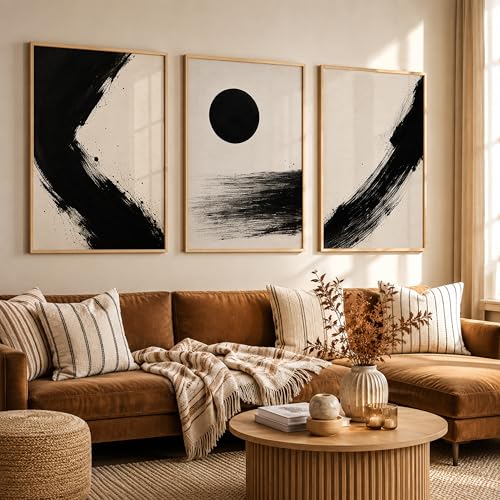 Image of TheMakerly Set of 3 Abstract Black White Wall Art Paintings for Living Room | Modern Minimalist Wall Decor | Neutral Contemporary Wall Paintings for Bedroom, Office, Hall & Home Decoration (13x19 Inches)