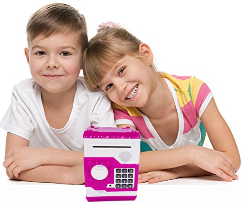 FEENM Updated Code Electronic Piggy Banks Mini ATM Electronic Coin Bank Coin Box for Kids with Electronic Lock & Secret Code to Unlock with Password Great Gift Toy for Children Kids(Pink & White)