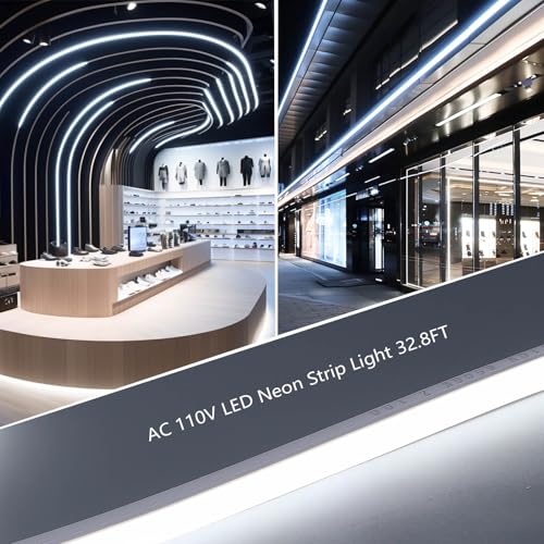 Image of BENLUN AC 110V LED Neon Strip Light 32.8FT, 6000K Cool White Led Rope Lights Outdoor Silicone Waterproof, 10W /M Flexible Cuttable LED Strip for Bedroom Garden Commercial Living Room