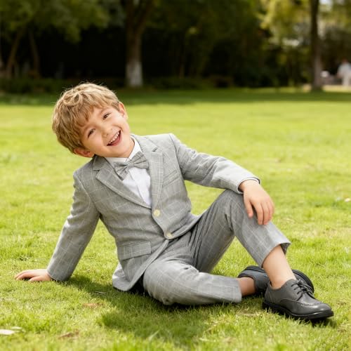 Image of LOLANTA Boys Suit Wedding Ring Bearer Outfit Kids Formal Wear Dress Clothes | Boy 3-Piece Plaid Suits, Sport Coat Blazer and Pants Set with Adjustable Bow Tie, Gentleman Birthday Party Graduation Outfits