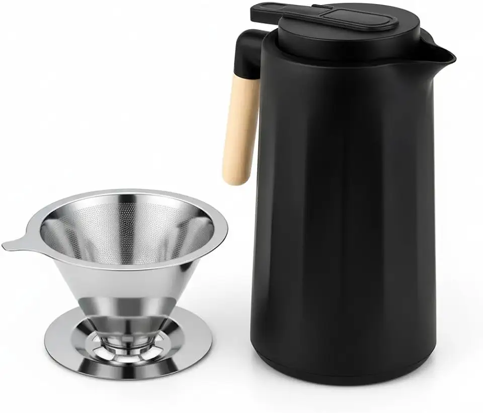 Kit Café Perfeito – Garrafa Térmica 1L Preta com Cabo de Madeira + Coador de Café Inox 103 Permanente | Café Sustentável, Design Moderno e Sabor Puro
