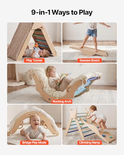 VEVOR Pikler Triangle Set, 9-in-1 Toddler Climbing Toys Indoor, with 2 Wooden Cars, Cushion, Triangle, Arch, and Ramp, 150 lbs Load, Foldable Montessori Climbing Set for Toddlers and Kids, Blue — view 4
