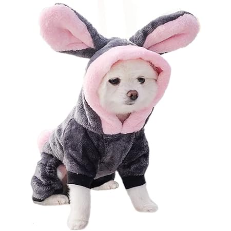 Amazon Icouchi 犬服 ロンパース つなぎ ドッグウェア 可愛い 秋冬 パーカー ウサギ型のフード付き ふわふわ 暖かい 小型犬 中型犬 犬猫用 コスチューム おもしろい お散歩お出かけ 着物 コスプレ ハロウィーン クリスマス お正月 犬洋服 仮装 ｘｘｌ グレー ウサギ