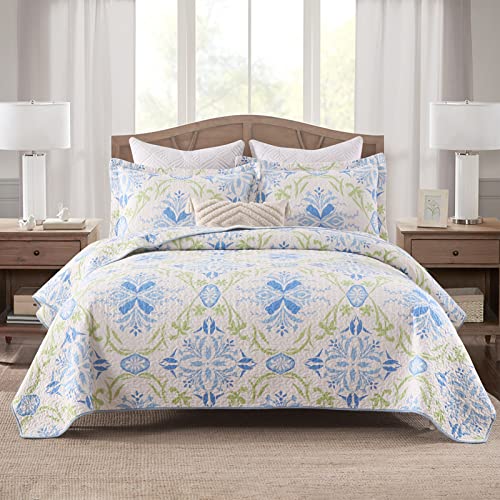 PERHOM Quilt Queen Size - Queen Quilt Set, Blue Green Iris Floral Quilt, 100% Cotton Queen Quilt Bedding Set Bedspreads, Lightweight Reversible Plaid Bedspread for Queen Bed, for All Season, 3 Pieces