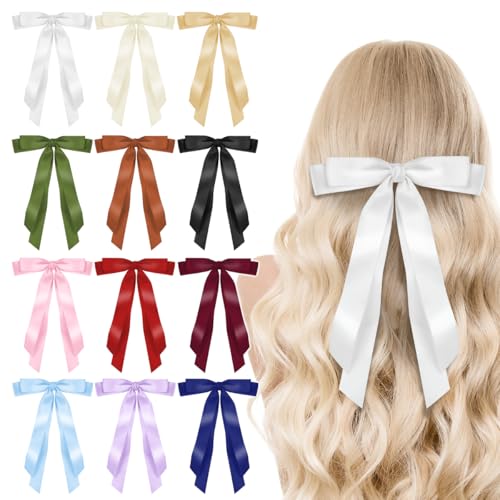 12 cintas para el pelo con lazo de satén sedoso, clip para el pelo, color sólido, con cola larga, para niñas, regalo de fiesta de lolita