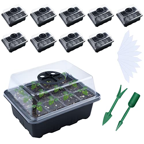 Shorant 10 Piezas Bandeja Invernadero 12 Células Bandeja Semillas Mini Invernadero Interior de Domo de Humedad Ajustable Bandeja de Cultivo Plastico con Etiquetas y Herramienta de Plantación Cover