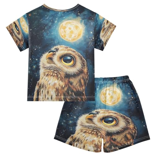 ALAZA Owl Moon Night Watercolor Pajamas Set Short Sleeve Cotton Sleepwear Summer Pjs 2 Piece 5-14Y2
