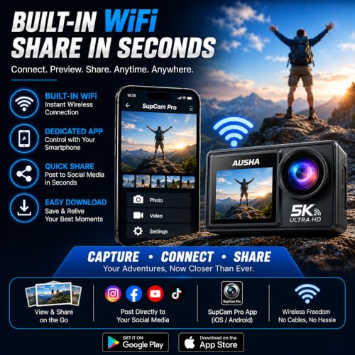 Image of AUSHA 5K Action Camera | 5K Ultra HD Videos, 50MP Photos, Dual Color Screen, WiFi, 30M Waterproof Case, Remote Control, 170 Wide Angle Sports Camera for Bike, Travel & Vlogging
