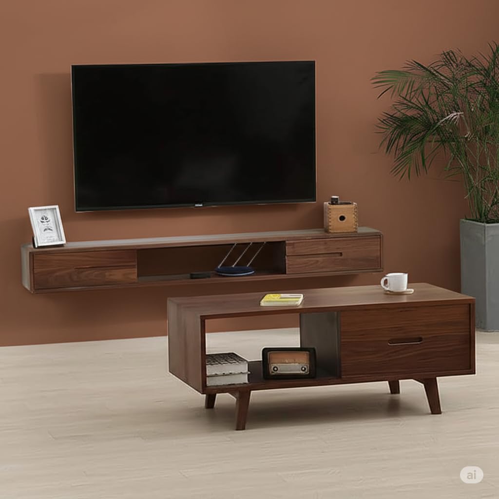 FLATU ART Modern Wall-Mounted TV Unit,Floating Tv Unit for Living Room | Floating Media Tv Cabinet | Open Shelf & 2 Door Drawer Storage Natural (80 cm Length)-image-41