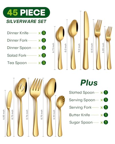Image of PHILIPALA 45 Piece Gold Silverware Set with Serving Utensils, Stainless Steel Flatware Set for 8 Food Grade Novelty Cutlery Utensil Set Include Knife Fork Spoon Mirror Polished Dishwasher Safe