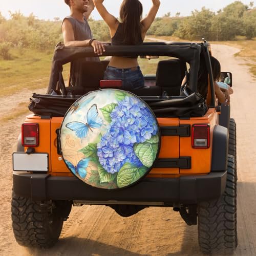 Image of Dujiea Hydrangea and Butterflies Spare Tire Cover, Universal Wheel Tire Cover Waterproof Dust-Proof Tire Protectors for Trailer Rv SUV Truck Camper and Many Vehicle 14 15 16 17 Inch