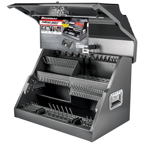Powerbuilt 26 Inch Portable Slant Front Rapid Toolbox Tiered Tool Holders, 16 Gauge Steel, Weather-Resistant Lockable Magnetic Lid, Grey - 240102