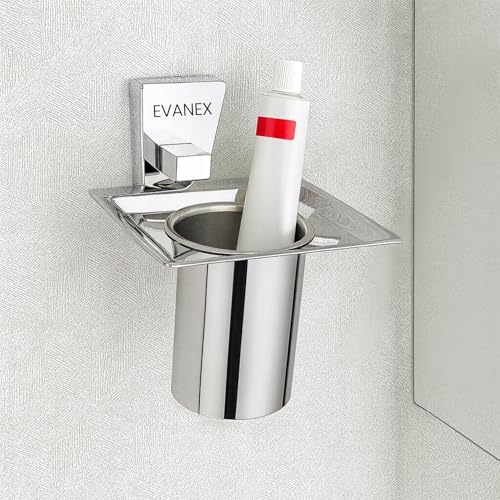 Image of EVANEX Wall-Mounted Tooth Brush Holder, 304 Grade Stainless Steel Tumbler Stand, Bathroom Organizer with Glossy & Chrome Finish Stand with Removable Cup (Selvi)