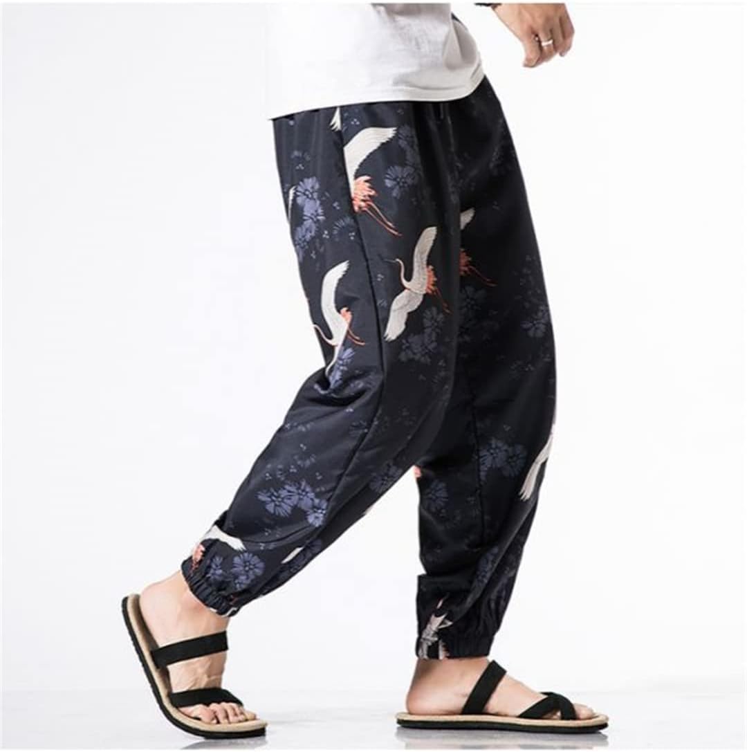 Japanese Kimono Traditional Print Long Pants Asian Costume Beach Casual Loose Japan Style Men Yukata